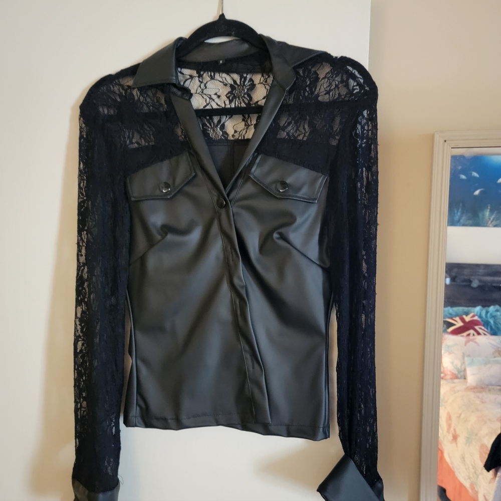 Black Lace and Faux Leather Fitted Blouse Never Worn!